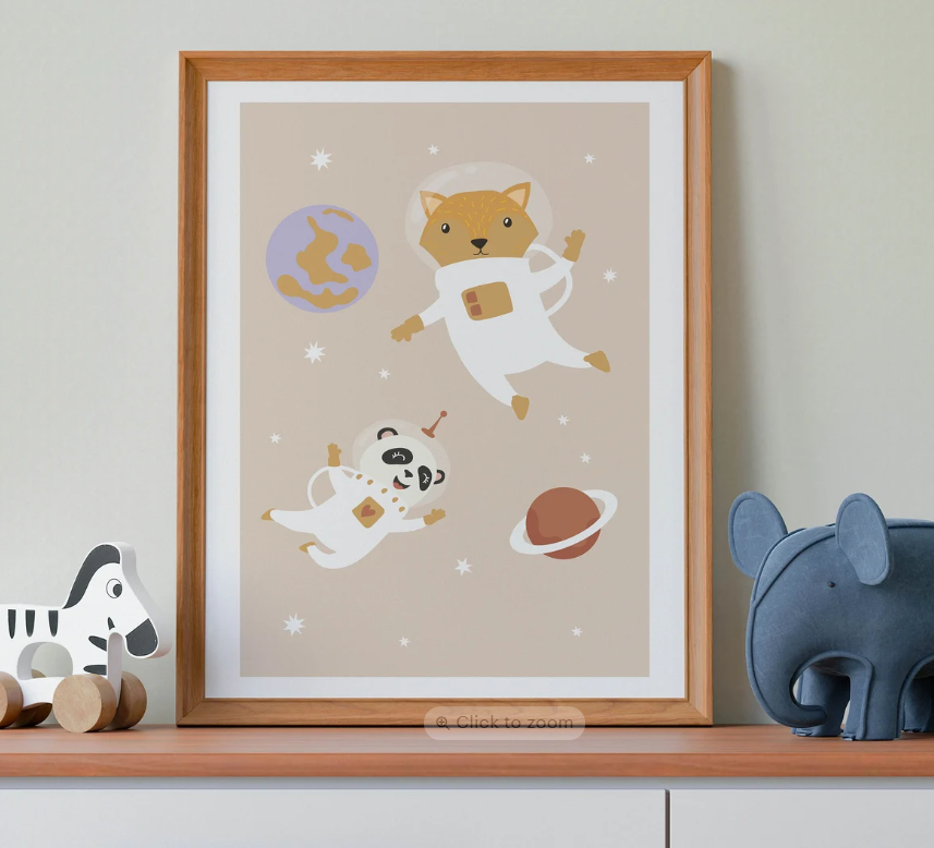 Fox & Panda Bear Astronauts Print | Woodland Nursery Wall Art