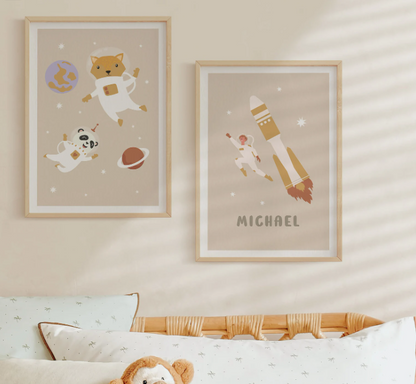 Fox & Panda Bear Astronauts Print | Woodland Nursery Wall Art