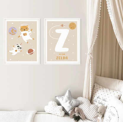 Fox & Panda Bear Astronauts Print | Woodland Nursery Wall Art