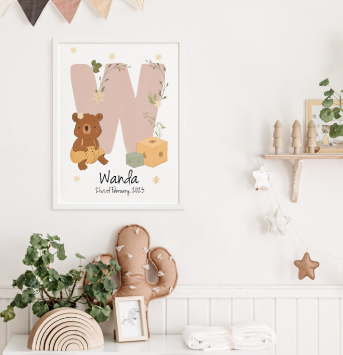 Custom Bear Name Initial Print | Personalized Watercolor Birth Poster