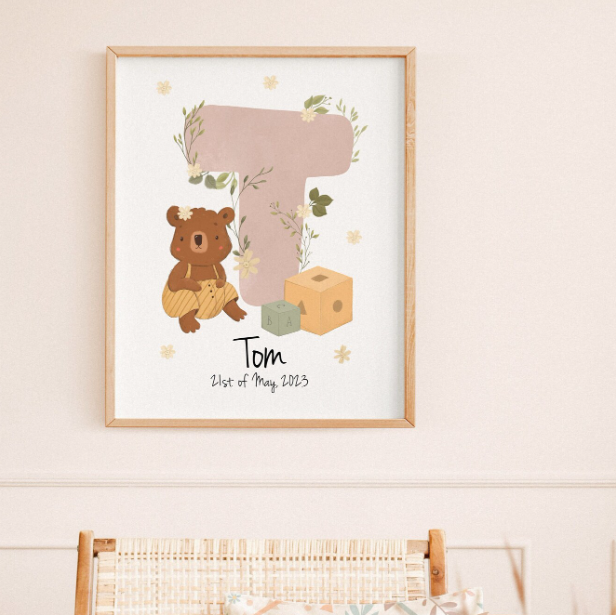 Custom Bear Name Initial Print | Personalized Watercolor Birth Poster