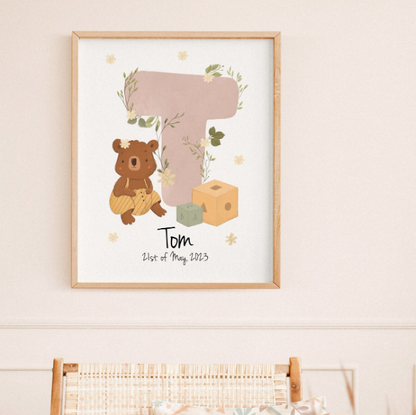 Custom Bear Name Initial Print | Personalized Watercolor Birth Poster