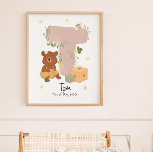 Custom Bear Name Initial Print | Personalized Watercolor Birth Poster