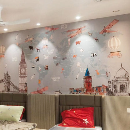 Pastel Blue World Map Wallpaper for Children Room